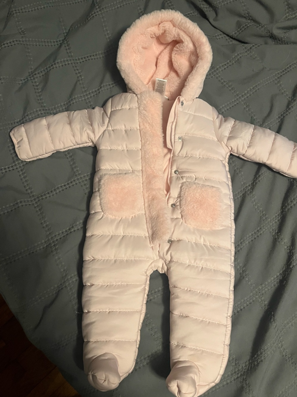 Baby Pink Quilted Puffer Snowsuit with Plush Hood